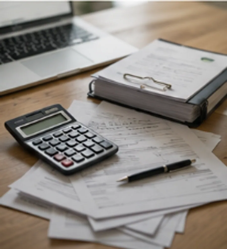 A calculator and receipts spread across a desk beside a laptop