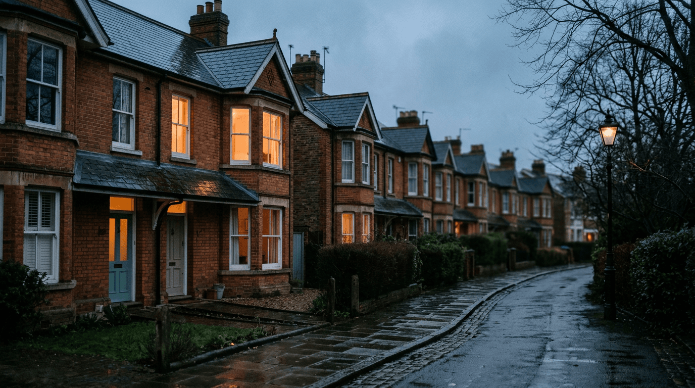 MEES & EPC Minimum UK 2026: Landlord Rules: UK Victorian terraced houses at dusk, EPC energy guides