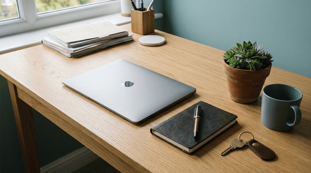 A clean modern UK home office workspace, LetCompliance for landlords and letting agents
