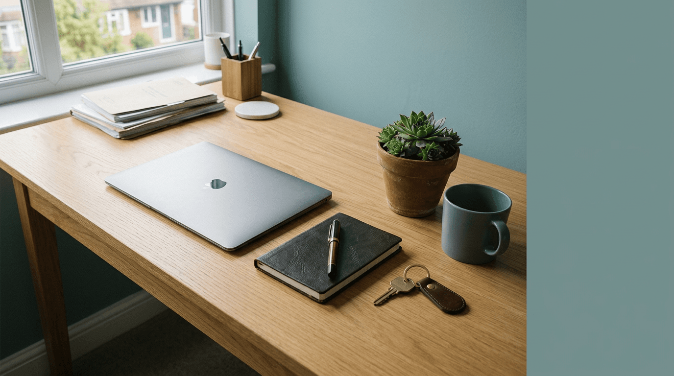 A clean modern UK home office workspace, LetCompliance for landlords and letting agents