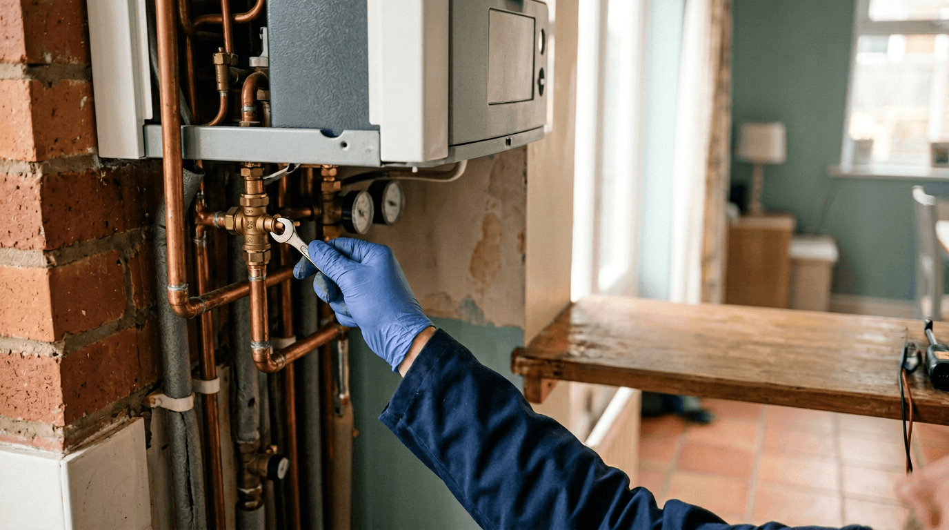 EICR Cost UK 2026: Price, Fine + Remedial Works — Gas engineer checking a domestic boiler, UK safety compliance