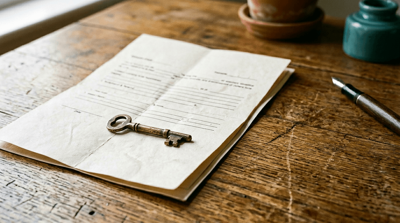 UK Rent While Living Abroad 2026: What Is Taken Before You Get It — Brass key on a folded tenancy document, UK tenancy admin guides