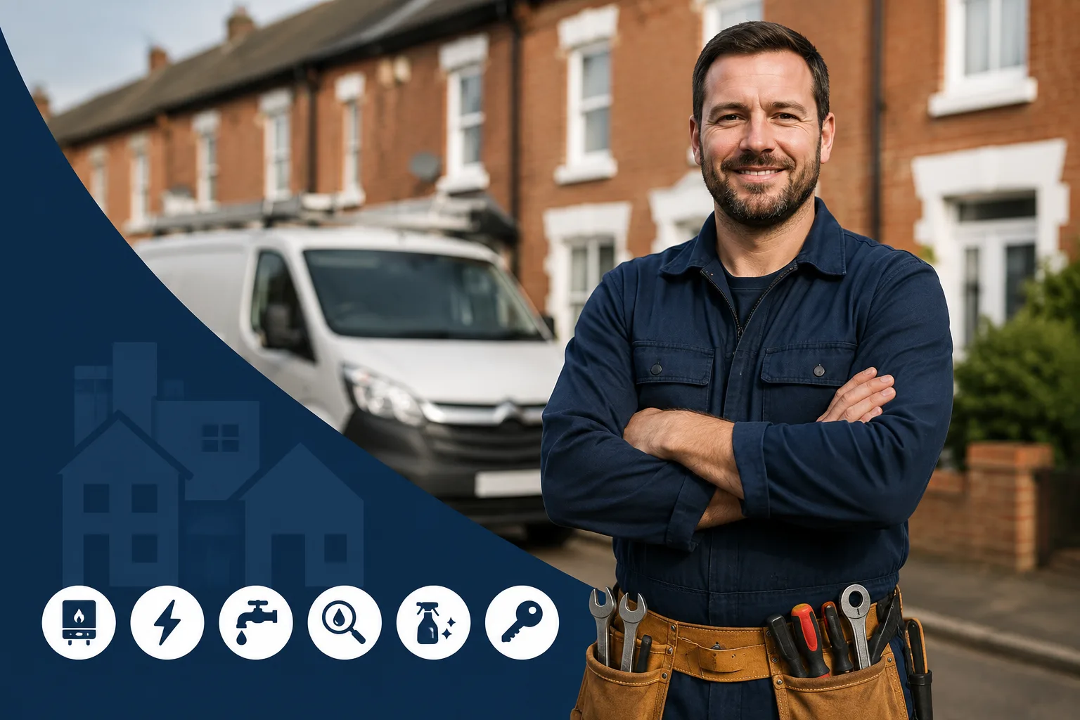 Tradesperson with a tool belt standing in front of his van on a street of UK terraced houses