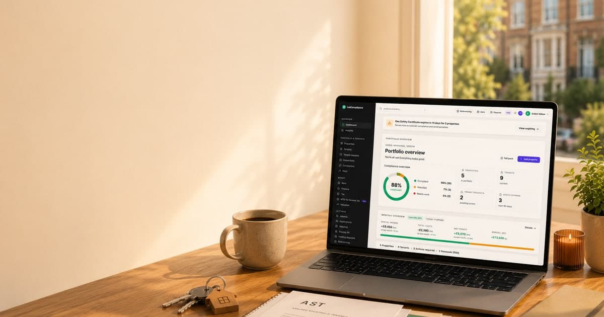 A UK landlord's laptop showing the LetCompliance dashboard: the whole tenancy in one login