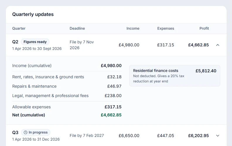 The Making Tax Digital screen: the quarterly updates for 2026 to 2027, with the second quarter’s figures ready to file by 7 November 2026 and its expenses in HMRC’s categories.
