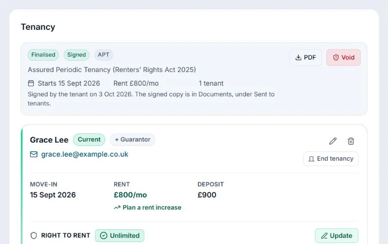 A tenancy on a property: the assured periodic tenancy agreement finalised and signed by the tenant, with the tenant, move-in date, rent, deposit and an unlimited Right to Rent check.