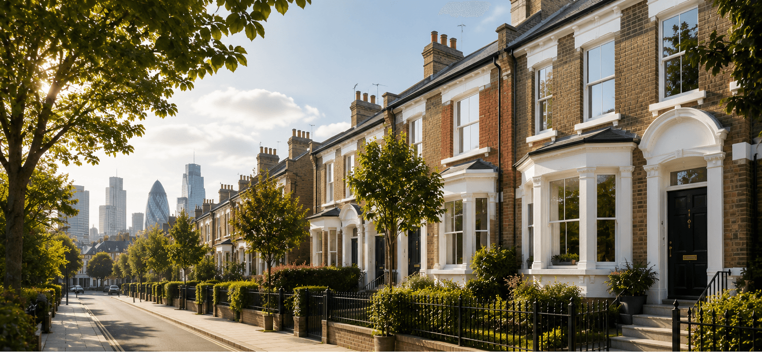 A tree-lined street of UK terraced homes to let