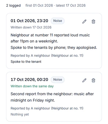 Sample account, Behaviour log at 9 Ferndale Close, Norwich: 2 logged, noise on 1 and 17 Oct 2026, the second written down the same day with Nothing yet done