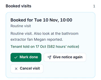 Sample account, Inspections: a routine visit to 14 Larch Avenue, Leeds, Booked for Tue 10 Nov, 10:00