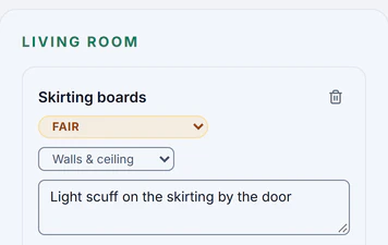 Sample account, Inventory: the check-in for Flat 3, 27 Kingsley Road, Sheffield, Living room, Skirting boards, Fair, Light scuff on the skirting by the door