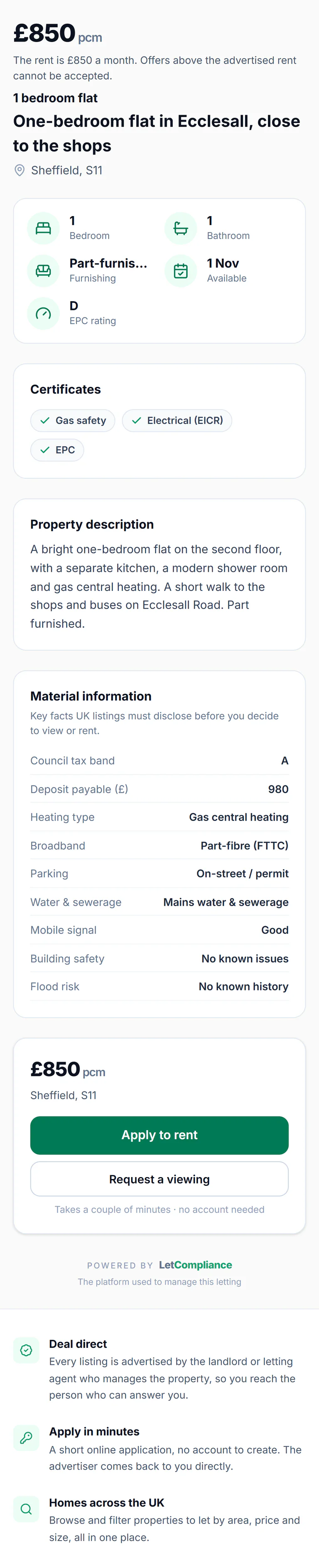 Sample account, the advert on an applicant’s phone: £850 a month, the rent is £850 a month and offers above the advertised rent cannot be accepted, a one-bedroom flat in Ecclesall, Sheffield, S11, available 1 Nov, EPC rating D, the description and the key facts, then Apply to rent and Request a viewing, no account needed