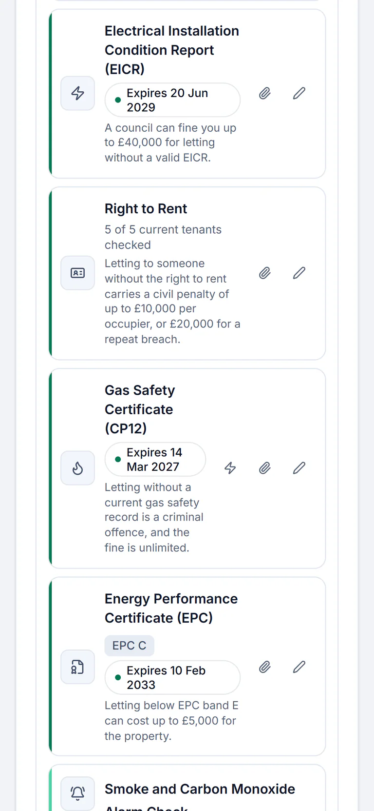 Sample account, the Compliance tab of 18 Harrowden Terrace on the landlord’s phone: Electrical Installation Condition Report, expires 20 Jun 2029; Right to Rent, 5 of 5 current tenants checked; Gas Safety Certificate, expires 14 Mar 2027; Energy Performance Certificate, EPC C, expires 10 Feb 2033