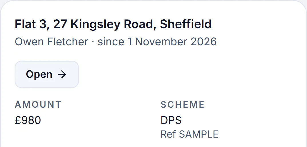 Sample account, Deposits on a phone: Flat 3, 27 Kingsley Road, Sheffield, Owen Fletcher since 1 November 2026, amount £980, scheme DPS