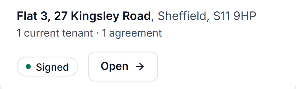 Sample account, Tenancy agreements on a phone at 19:41 on 16 Oct 2026, after the tenant signed: Flat 3, 27 Kingsley Road, Sheffield, S11 9HP, 1 current tenant and 1 agreement, Signed, with Open