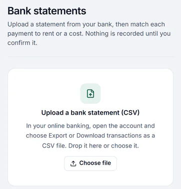 Sample account, Bank statements on a phone: upload a statement from your bank, then match each payment to rent or a cost; nothing is recorded until you confirm it, with Upload a bank statement as a CSV and Choose file
