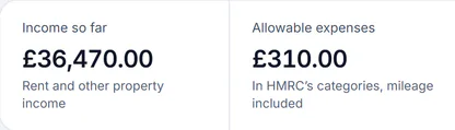 Sample account, Making Tax Digital on 18 Oct 2026: income so far £36,470.00, and allowable expenses £310.00, in HMRC’s categories, mileage included