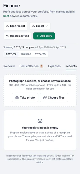 Sample account, Finance on the landlord’s phone: rent marked paid in Rent flows in automatically, then Scan receipt and Add entry, the 2026/27 tax year, and on the Receipts tab, photograph a receipt or choose several at once, the fields are filled in for you, with Take photo and Choose files