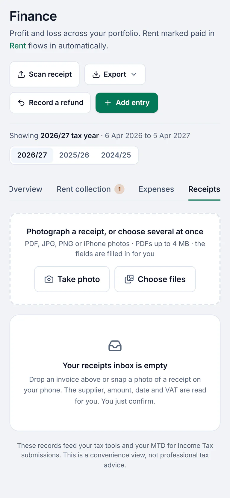 Sample account, Finance on the landlord’s phone: rent marked paid in Rent flows in automatically, then Scan receipt and Add entry, the 2026/27 tax year, and on the Receipts tab, photograph a receipt or choose several at once, the fields are filled in for you, with Take photo and Choose files