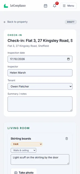 Sample account, the check-in for Flat 3, 27 Kingsley Road, Sheffield on a phone, a draft: inspection date 17/10/2026, inspector Helen Marsh, tenant Owen Fletcher, then the living room, skirting boards, fair, walls and ceiling, with the note light scuff on the skirting by the door