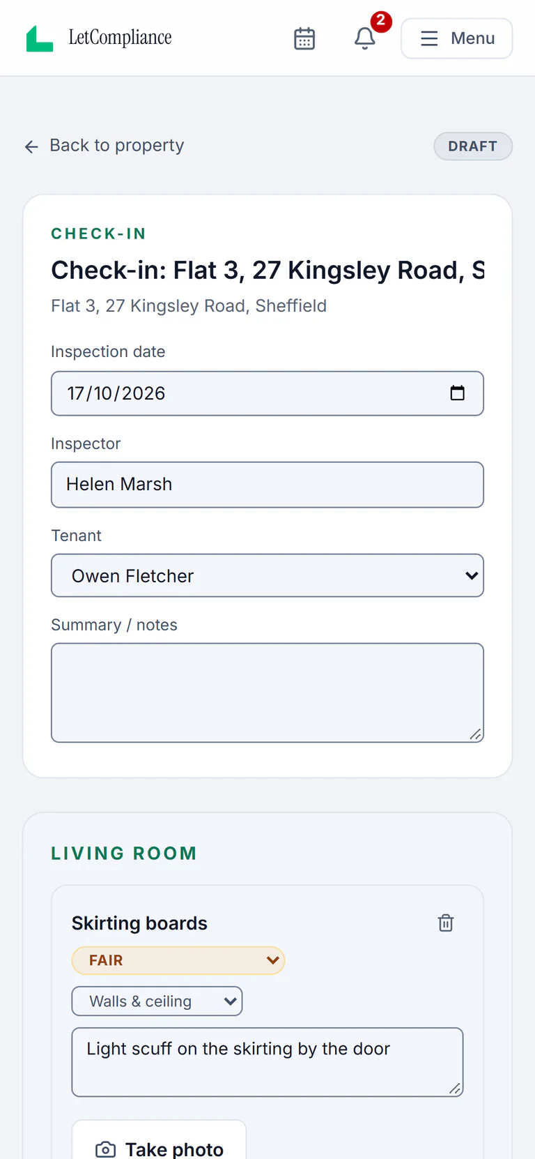 Sample account, the check-in for Flat 3, 27 Kingsley Road, Sheffield on a phone, a draft: inspection date 17/10/2026, inspector Helen Marsh, tenant Owen Fletcher, then the living room, skirting boards, fair, walls and ceiling, with the note light scuff on the skirting by the door