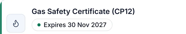 Sample account, the gas safety certificate (CP12) at 14 Larch Avenue, Leeds, once its new date was saved: expires 30 Nov 2027