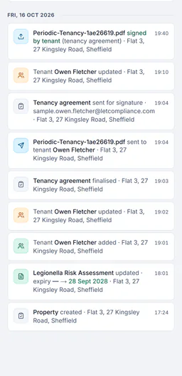 Sample account, the activity log for Flat 3 on a phone, Fri, 16 Oct 2026: the tenancy agreement signed by tenant at 19:40, Tenant Owen Fletcher updated at 19:10, the agreement sent for signature at 19:04, the agreement sent to tenant Owen Fletcher at 19:04, finalised at 19:03, Owen Fletcher added at 19:01, then earlier entries back to the property being created at 17:24