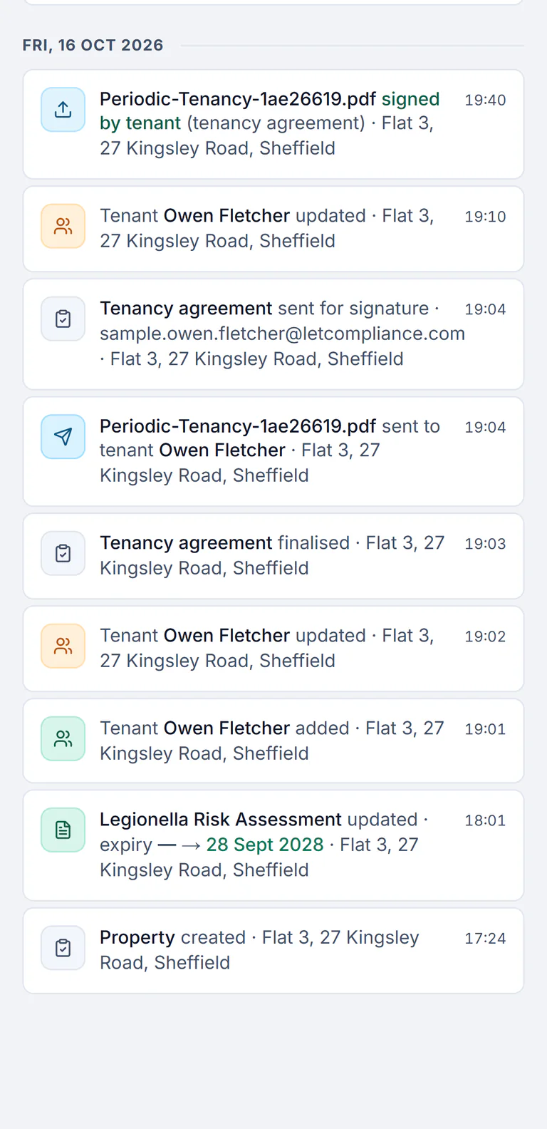Sample account, the activity log for Flat 3 on a phone, Fri, 16 Oct 2026: the tenancy agreement signed by tenant at 19:40, Tenant Owen Fletcher updated at 19:10, the agreement sent for signature at 19:04, the agreement sent to tenant Owen Fletcher at 19:04, finalised at 19:03, Owen Fletcher added at 19:01, then earlier entries back to the property being created at 17:24