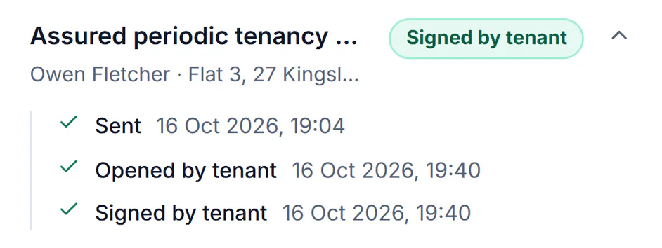 Sample account, Documents, Sent to tenants: the assured periodic tenancy agreement for Owen Fletcher, Flat 3, signed by tenant. Sent 16 Oct 2026, 19:04; opened by tenant 16 Oct 2026, 19:40; signed by tenant 16 Oct 2026, 19:40