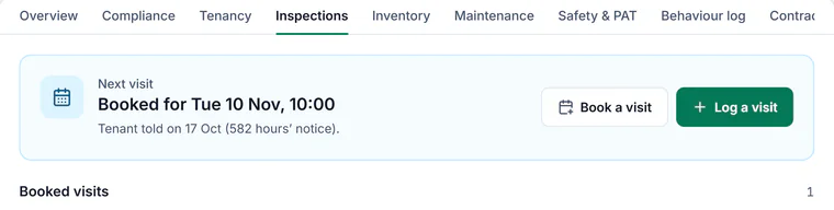 Sample account, 14 Larch Avenue on its Inspections tab, beside Overview, Compliance, Tenancy, Inventory and Maintenance: next visit booked for Tue 10 Nov, 10:00, tenant told on 17 Oct with 582 hours’ notice, with Book a visit and Log a visit, then Booked visits, 1