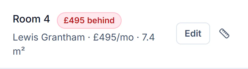 Sample account, the room board on a phone: Room 4, Lewis Grantham, £495 a month, £495 behind