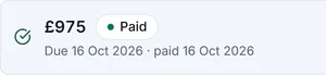 Sample account, the payment history on 18 Oct 2026: £975, paid, due 16 Oct 2026 and paid 16 Oct 2026