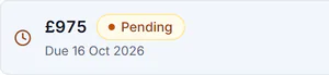 Sample account, the payment history on 16 Oct 2026: £975, pending, due 16 Oct 2026
