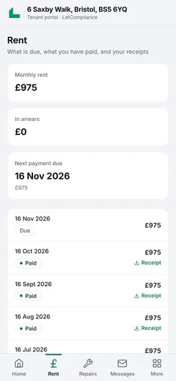 Sample account, Chloe Barnes’s Rent tab in her tenant portal for 6 Saxby Walk, Bristol: £975 a month, £0 in arrears, the next payment due 16 Nov 2026, and the October rent paid with its receipt
