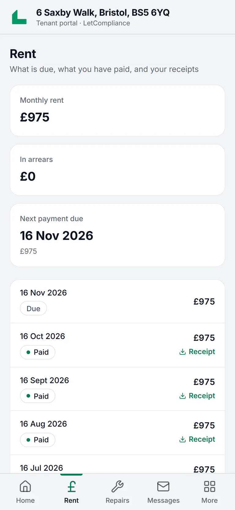 Sample account, Chloe Barnes’s Rent tab in her tenant portal for 6 Saxby Walk, Bristol: £975 a month, £0 in arrears, the next payment due 16 Nov 2026, and the October rent paid with its receipt