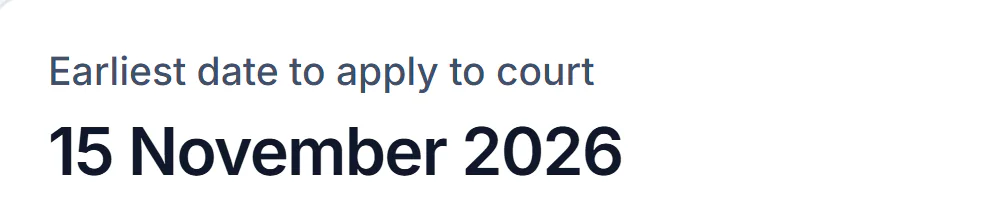 Sample account, the builder with Ground 10 ticked: earliest date to apply to court, 15 November 2026