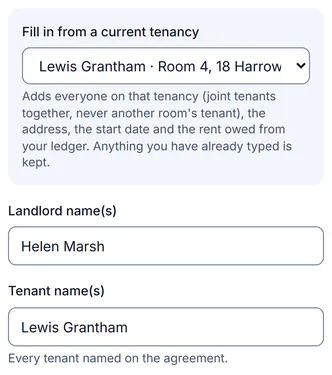 Sample account, the builder on a phone: fill in from a current tenancy, Lewis Grantham, Room 4, 18 Harrowden Terrace, Sheffield, which adds everyone on that tenancy, the address, the start date and the rent owed from the ledger; landlord name Helen Marsh, tenant name Lewis Grantham