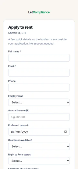 Sample account, the Apply to rent form on an applicant’s phone for a flat in Sheffield, S11: a few quick details so the landlord can consider your application, no account needed, then Full name, Email, Phone, Employment, Annual income, Preferred move-in, Guarantor available and Right to Rent status