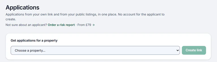 Sample account, Applications: applications from your own link and from your public listings, in one place, with no account for the applicant to create, then Get applications for a property, with Choose a property and Create link