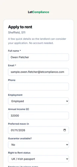Sample account, the application form on the applicant’s phone, Apply to rent, Sheffield, S11, filled in by Owen Fletcher: his email, Employed, an annual income of 32000, moving in on 01/11/2026, no guarantor, and a UK or Irish passport for Right to Rent