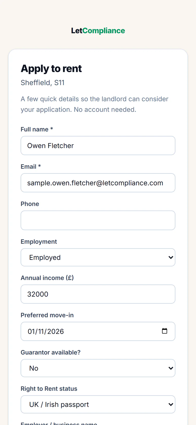 Sample account, the application form on the applicant’s phone, Apply to rent, Sheffield, S11, filled in by Owen Fletcher: his email, Employed, an annual income of 32000, moving in on 01/11/2026, no guarantor, and a UK or Irish passport for Right to Rent