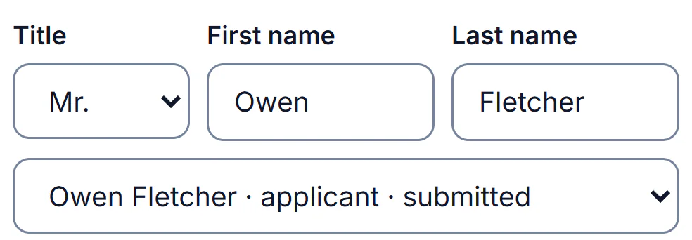 Sample account, the same reference opened from Owen Fletcher’s application: Mr, Owen, Fletcher, and Owen Fletcher, applicant, submitted