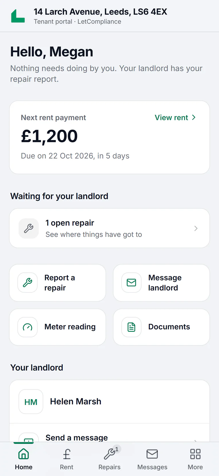 Sample account: the tenant portal on a phone, greeting Megan, with her next rent payment of £1,200 due on 22 Oct 2026 and one open repair