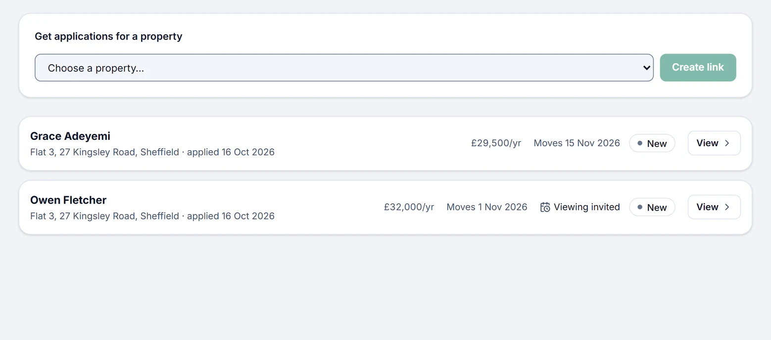 Sample account, Applications: Owen Fletcher for the flat in Sheffield, Viewing confirmed