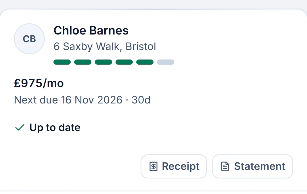 Sample account, Rent on a phone: Chloe Barnes, Next due 16 Nov 2026