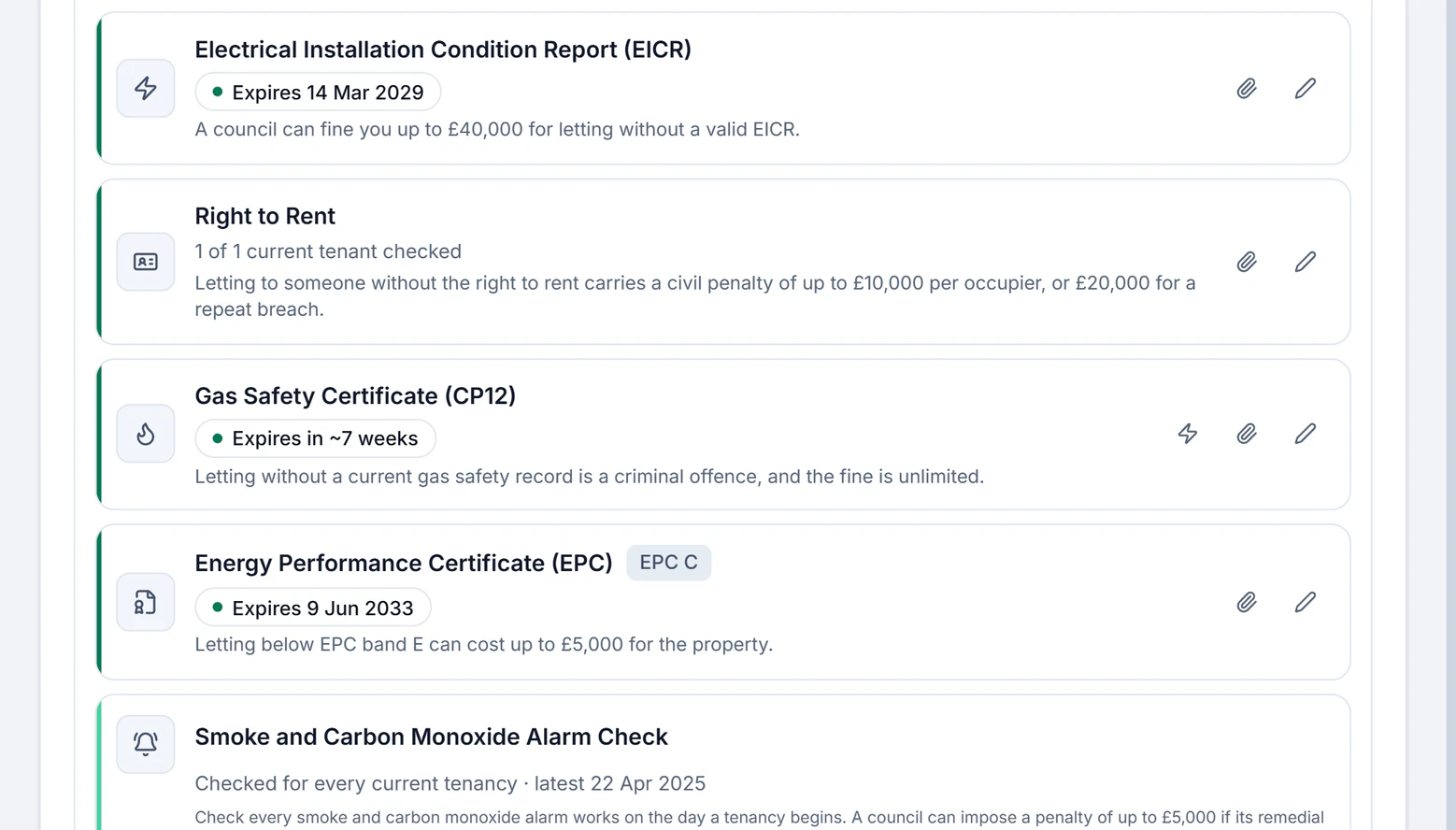 Sample account, 14 Larch Avenue: the gas safety certificate, renewed, Expires 30 Nov 2027