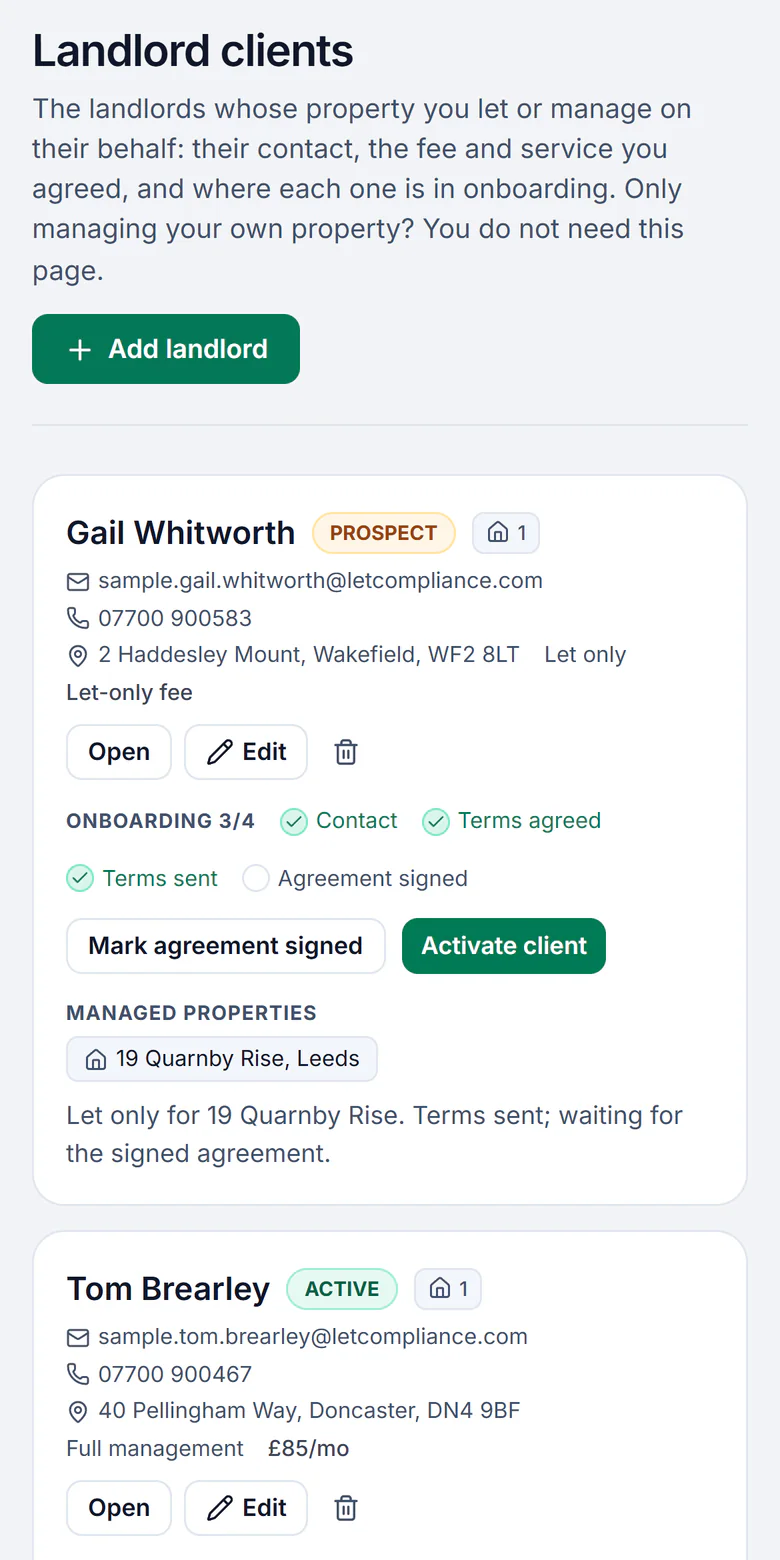 Sample account, an agency’s landlord clients on a phone: Gail Whitworth, a prospect on let only for a let-only fee, onboarding 3 of 4 with the agreement still to sign, for 19 Quarnby Rise, Leeds; then Tom Brearley, active, on full management for a fixed monthly fee