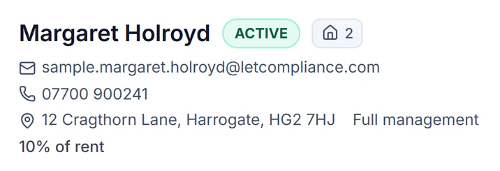 Sample account, an agency’s landlord client: Margaret Holroyd, active, 2 properties, full management at 10% of rent