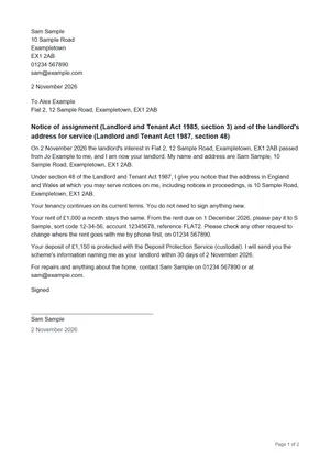 Page one of a change of landlord letter PDF built from made-up details: the new landlord’s address, the notice under section 3 and section 48, the tenancy continuing, the new account for the rent, the deposit and the repairs contact, then the signature line