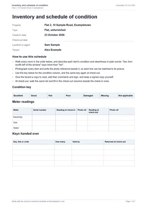 Page one of a check-in inventory PDF built from made-up details: the property and parties, how to use the schedule, the condition key and the meter readings table