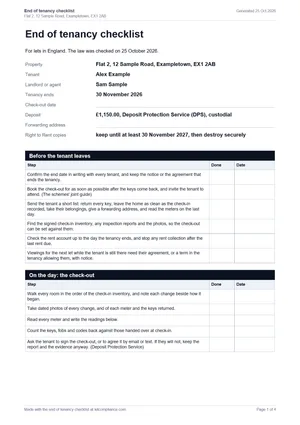 Page one of a landlord’s end of tenancy checklist PDF built from made-up details: a line saying it is for lets in England and when the law was checked, the property, the tenant, the day the tenancy ends, the deposit and its scheme, the date to keep the Right to Rent copies until, then the steps before the tenant leaves and on the check-out day, each with Done and Date columns